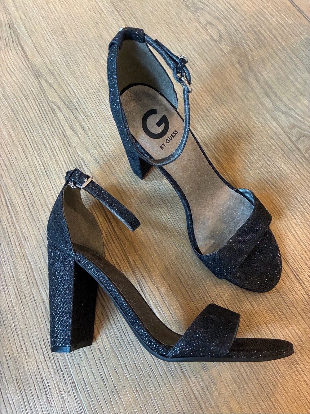 Guess Black Glitter Block Heel Sandals with Ankle Strap